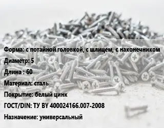 Шуруп с потайной головкой, с шлицем, с наконечником 5х60 сталь белый цинк ГОСТ: ТУ BY 400024166.007-2008 универсальный